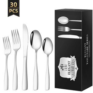 30 Piece Silverware Set for 6, TINANA Stainless Steel Flatware Set,Mirror Polish
